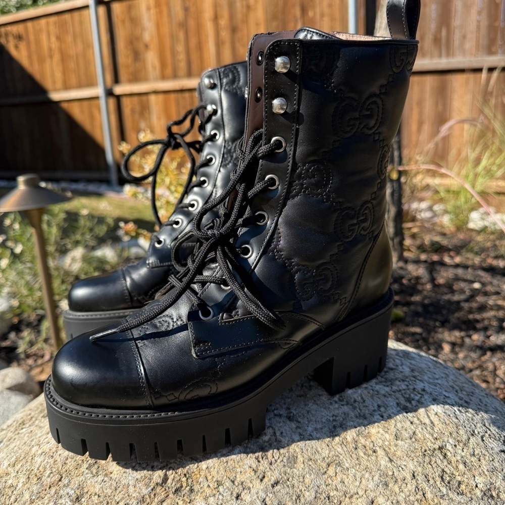 NWB Gucci GG Embossed Matelasse Cordovan Lux Lace Up Boots Booties 37.5 718386 - Picture 3 of 13